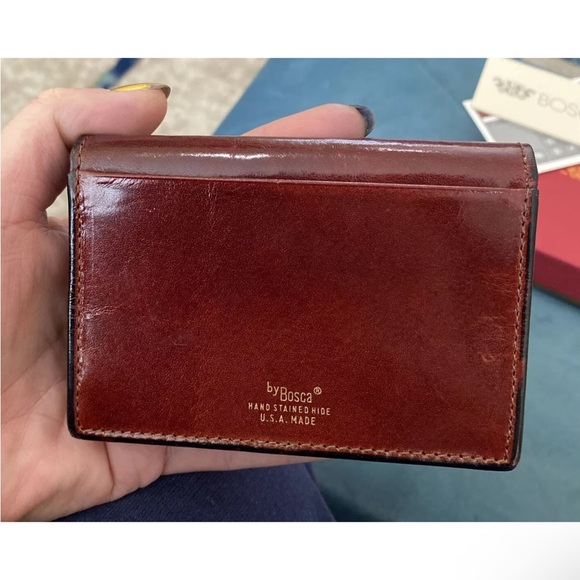 BOSCA Leather Fold Over Wallet Card Case Key Ring Burgundy